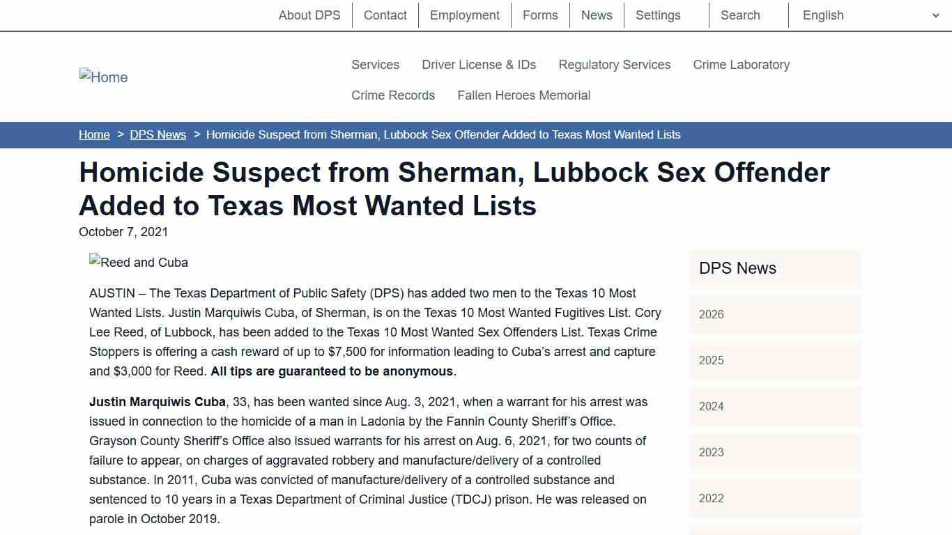 Homicide Suspect from Sherman, Lubbock Sex Offender Added to Texas Most Wanted Lists Department of Public Safety